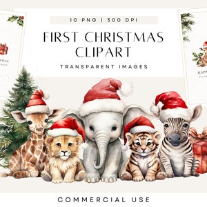 Babys erste Weihnachten Clipart, Must Haves für Babyparty, Safari-Tiere, Zoo-Tier, geschlechtsneutral, kommerzielle Nutzung, transparente PNG