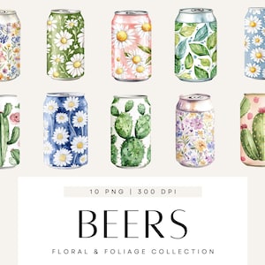 Watercolor Beer Clipart, Summer Drink, Floral Beer PNG, Retro Beer Can, Coquette Can Decal, Flower Pattern Can, POD Design, Digital Download
