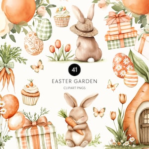 Puede incluir: Ilustración en acuarela con temática de Pascua. Incluye conejos, huevos decorados, cupcakes, tulipanes, mariposas, cajas de regalo y una casa de zanahoria. También se incluye el texto "41 Easter Garden Clipart PNGs".