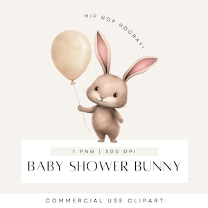 Clipart de conejo con globos, género neutro, conejito de Pascua sosteniendo un globo, baby shower, clip art de acuarela, uso comercial, transparente