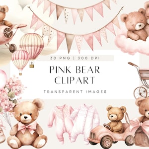 Clipart di orsetti di peluche per bambine, orsacchiotti che tengono palloncini, invito rosa per baby shower, uso commerciale, PNG trasparente, best seller, clip art