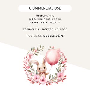 Easter Baby Shower Clipart, Watercolor Floral Wreath, Pink Easter Bunny, Bunny Holding Balloon, Single Image, Commercial Use, Transparent image 3