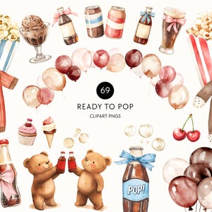 Bereit für Pop Clipart | Aquarell-Babyparty, Retro-Teddybären, rosa blaue rote Bögen, Sodabar-Grafik, Ladenrahmen, kommerzielle Nutzung PNG