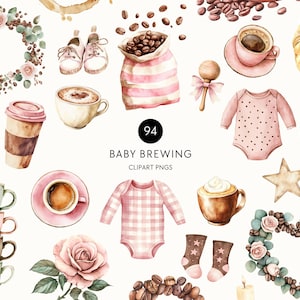 Baby Brewing Clipart – Baby Girl Shower Elements, Pink Coffee Cups, Latte Art, Bottles, Floral Wreaths & Eucalyptus Borders, Commercial Use