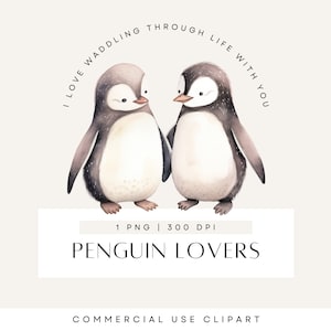 Clipart dierlijke koppels, schattige pinguïn, dieren illustraties, Valentijnsdag, pooldier, aquarel illustraties, commercieel gebruik, transparante png