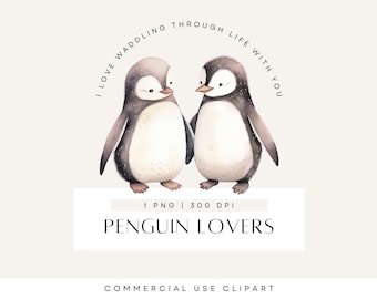 Animal Couples Clipart, Cute Penguin, Animals Clip Art, Valentines Day, Polar Animal, Watercolor Clip Art, Commercial Use, Transparent PNG