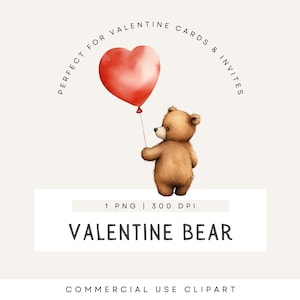 Clipart Ours de la Saint-Valentin, Nounours mignon tenant un ballon, Shower de bébé coeur rouge, Téléchargement unique, PNG transparent