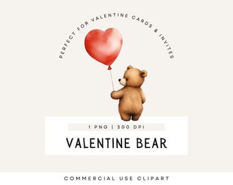 Valentine Bear Clipart, Cute Teddy Holding Balloon, Red Heart Baby