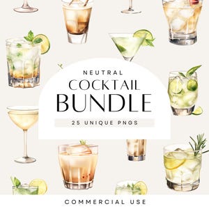 Cocktail Clipart Bundle, Cocktail acquerellati neutri, Cocktail da matrimonio esclusivo PNG per menu bar, Bicchieri con clip art per alcolici, Bevande classiche