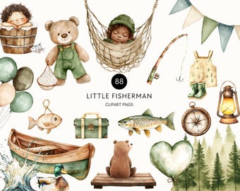 Fishing Baby Shower Clipart - Little Fisherman PNG, Cute Bears & Kids Fishing, Children's First Birthday Party Decor, Watercolor Clip Art