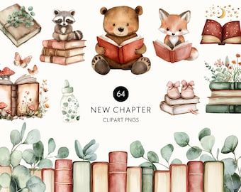 A New Chapter Baby Shower Clipart, Woodland Animals Story Book, Neutral Bookish Watercolor Nursery Decor, Commercial Use, Transparent PNG