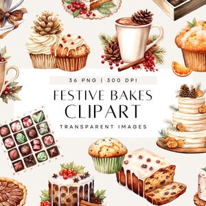Clipart de repostería navideña, conjunto de clipart de repostería de acuarela, productos horneados para las fiestas, acebo, piña, pastel de frutas, uso comercial, PNG transparente