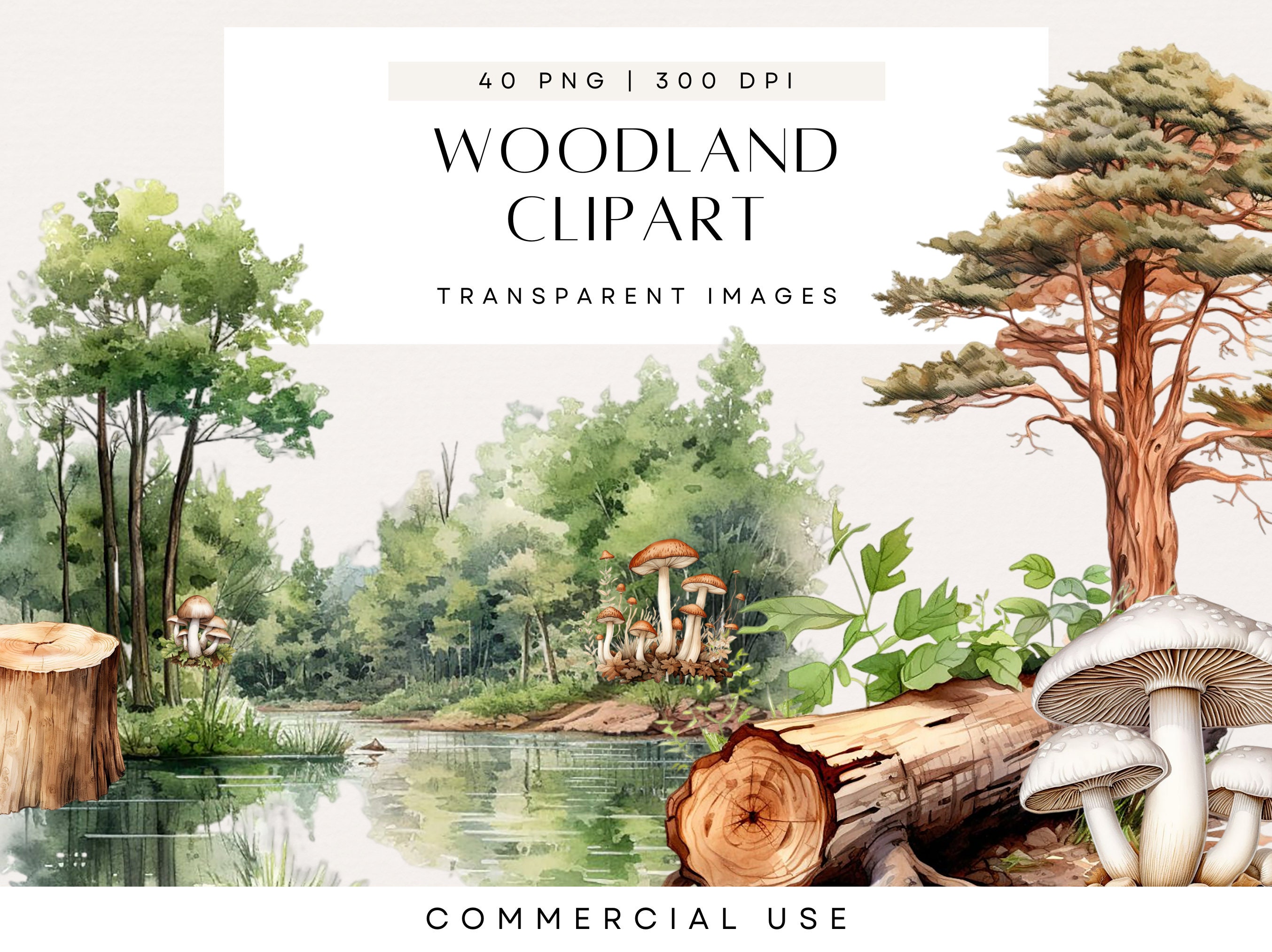 Woodland Clip Art, Watercolor Forest Clip Art, Clipart Scenes