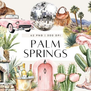 Clipart Palm Springs, esthétique estivale des années 70, ambiance rétro du désert, décoration bohème glamour, éléments aquarelles de voyage et de célibataire, usage commercial