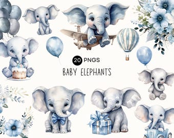 Baby Boy Elephant Clipart, Elephant With Balloon, Baby Shower for a Boy, Blue Birthday, Watercolor Clip Art, Commercial use, Transparent PNG