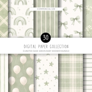 Puede incluir: Una colección de papeles digitales con 30 diseños con temática de baby shower en verde salvia. Los patrones incluyen cuadros, arcoíris, lazos, globos, estrellas y rayas. La colección está etiquetada como "Digital Paper Collection" y "Curated Sage Green Baby Shower Bundle."