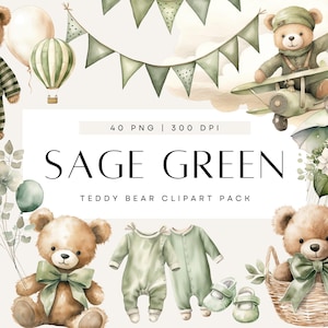 Clipart vert sauge pour baby shower, ours en peluche neutre, ours avec des ballons, éléments de verdure aquarelle, usage commercial, PNG transparent