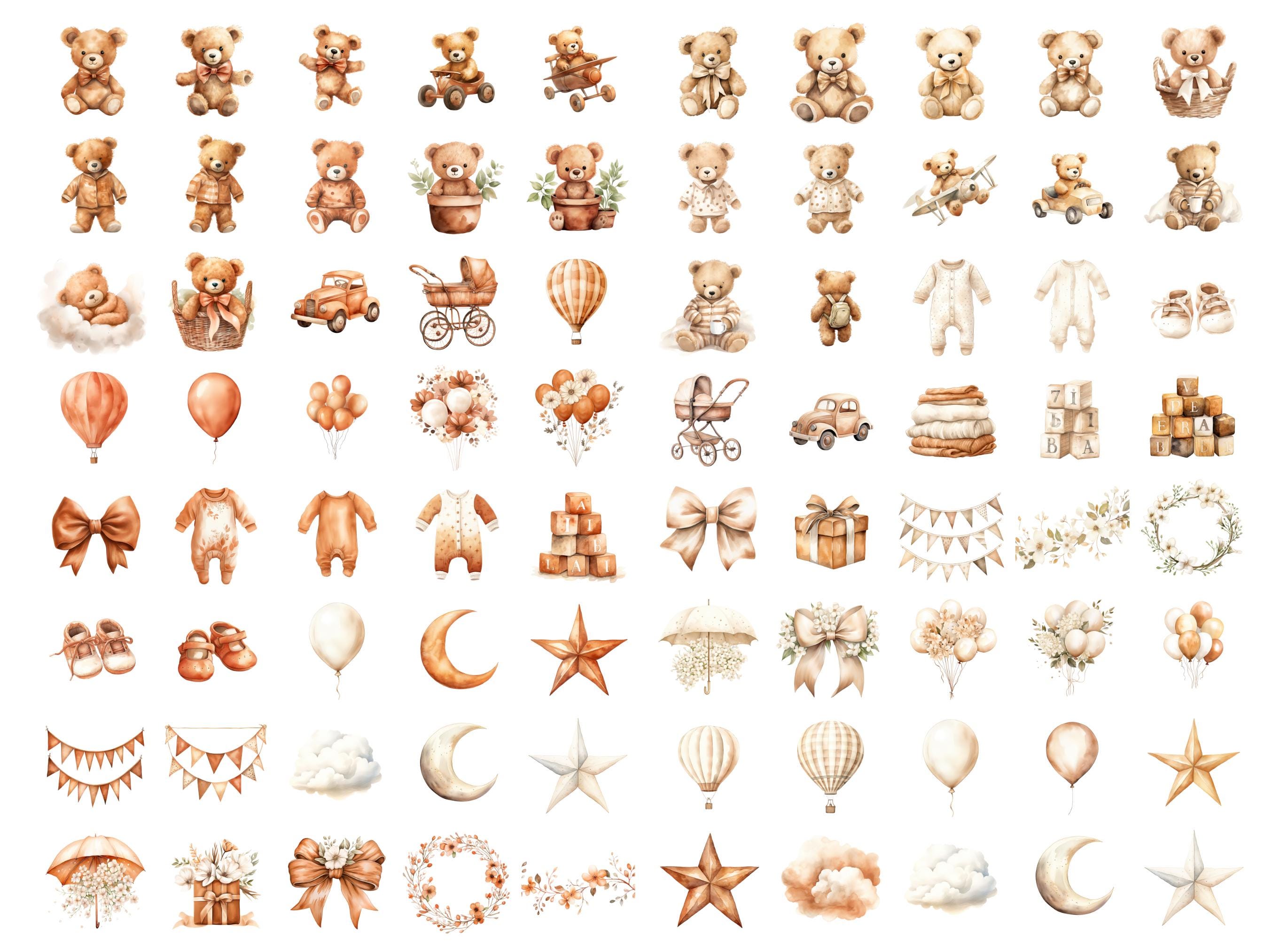 Watercolor Teddy Bear Clipart BUNDLE, Neutral Boho Nursery, Baby Shower ...