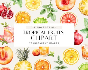 Tropical Fruits Clipart, Summer Fruit Clip Art, Cocktail Party, Citrus Cocktails, Peach, Grapefruit, Mint, Commercial Use, Transparent PNG