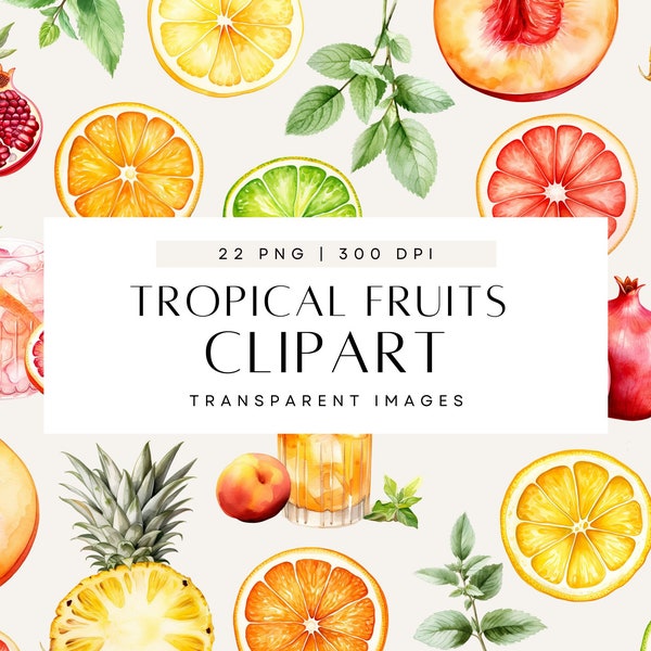 Tropical Fruits Clipart, Summer Fruit Clip Art, Cocktail Party, Citrus Cocktails, Peach, Grapefruit, Mint, Commercial Use, Transparent PNG