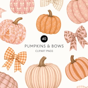 Pode incluir: Uma coleção de ilustrações digitais apresentando abóboras e laços em tons de rosa e laranja. As abóboras exibem vários padrões, incluindo listras, estampas florais e xadrez. O texto 40 PUMPKINS & BOWS CLIPART PNGS está centralizado.