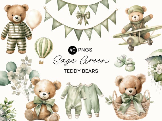 Sage Green Baby Shower Clipart, Gender Neutral Teddy Bear, Bear With Balloons, Watercolor Greenery Elements, Commercial use, Transparent PNG