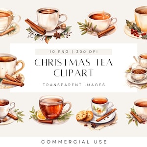 Clipart di tè di Natale ad acquerello, festa del tè invernale, set di tazze da tè accoglienti, invito di compleanno, uso commerciale, PNG trasparente