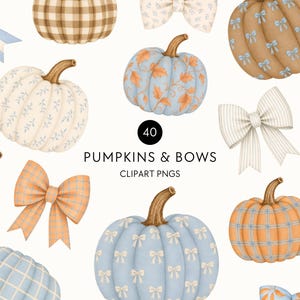 May include: A collection of digital illustrations featuring pumpkins and bows in various patterns and colours, including light blue, orange, and cream. The text 40 PUMPKINS & BOWS CLIPART PNGS is centred in the middle of the image among the graphics.