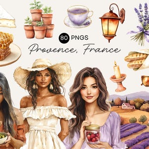 May include: Watercolor illustration with the text "Provence, France" featuring various elements: cheese, honeycomb, potted plants, a teacup, a lantern, lavender, bread, sunglasses, a candle, and three women. The image is a digital art piece.