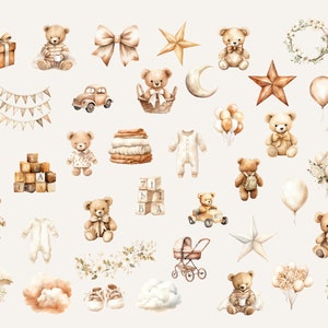 May include: A collection of watercolor illustrations featuring teddy bears, stars, balloons, clouds, a baby carriage, a hot air balloon, a car, a bow, a wreath, a gift box, blocks, and a baby onesie. The illustrations are in shades of brown, beige, and white.