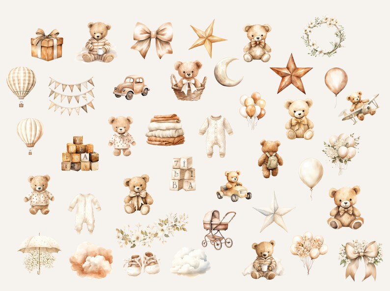 May include: A collection of watercolor illustrations featuring teddy bears, stars, balloons, clouds, a baby carriage, a hot air balloon, a car, a bow, a wreath, a gift box, blocks, and a baby onesie. The illustrations are in shades of brown, beige, and white.
