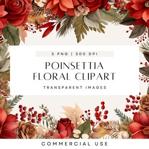 Poinsettia Clipart, Arranjo Floral de Natal, Clip Art de Rosa Vermelha, Buquê de Flores em Aquarela, Pinha, Uso Comercial, PNG Transparente