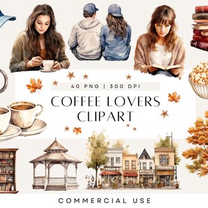Bundle de cliparts automne groovy, amateurs de café, lecture confortable, plantes et livres, automne, aquarelle neutre, usage commercial, cliparts les plus vendus