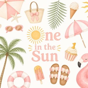 Könnte beinhalten: Aquarell-Illustration mit Strandmotiven. Enthält einen rosa-weißen Sonnenschirm, Sonnenbrille, eine Strohtasche mit rosa Schleife, einen Flamingo und den Text "one in the Sun". Weitere Elemente sind eine Palme, Eiswaffel und Sandalen.