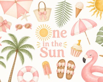 Imágenes prediseñadas de One In The Sun / Fiesta de piscina de primer cumpleaños PNG, decoración de sol para el primer cumpleaños, imágenes prediseñadas de verano tropical, playa rosa, uso comercial
