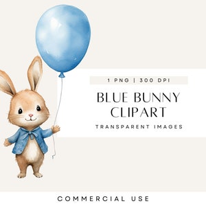 Blaue Babyparty Clipart, Osterhase Aquarell, niedliche Babytiere, Kaninchen mit Ballon, Einzelbild, kommerzielle Nutzung, transparentes PNG