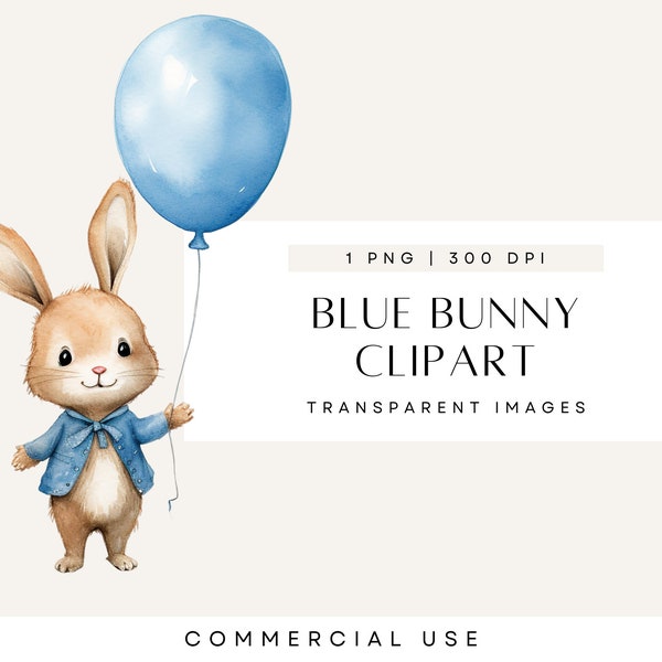 Blauwe baby shower clipart, paashaas aquarel, schattige baby dieren, Bunny Holding ballon, één afbeelding, commercieel gebruik, transparante PNG