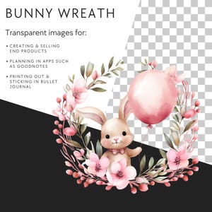 Easter Baby Shower Clipart, Watercolor Floral Wreath, Pink Easter Bunny, Bunny Holding Balloon, Single Image, Commercial Use, Transparent image 2