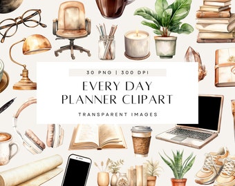 May include: A set of 30 watercolor illustrations of everyday planner clipart. The images include a chair, a candle, a potted plant, a book, a laptop, a coffee cup, a pair of headphones, a pen, a roll of paper, a phone, a jar of pencils, a crystal, a lamp, a glass of tea, and a pair of sneakers.