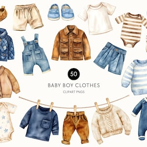 Baby Boy Clothing Line Clipart - Blå kläder babyshower, söt barnrumsdekor, denim outfit bunt, akvarell transparent png