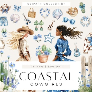 Clipart EVJF, cow-girls et cocktails, clipart cow-girl côtière, cow-girl disco, aquarelle inviter des cliparts, usage Commercial