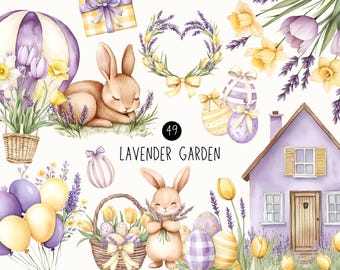 Bunny Flower Clipart | Watercolor Lavender Garden, Floral Easter Bunny PNG, Pastel Purple Yellow Baby Shower, Cottagecore Spring Nursery Art