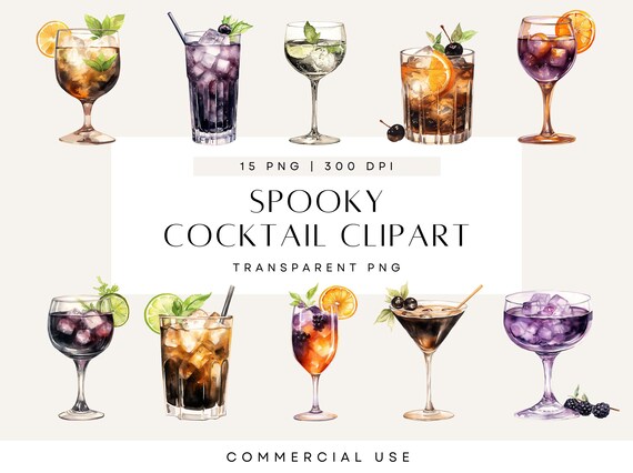 Halloween Cocktail Clipart, Watercolor Scary Party Drinks, Spooky Season, Purple and Orange Glass, Transparent Bar Menu PNG, Commercial Use