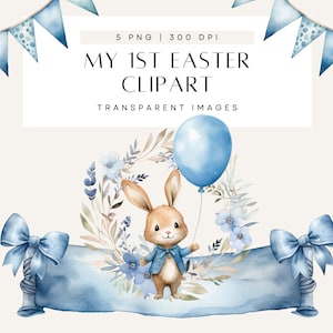 La mia prima clipart di Pasqua, baby shower di aprile, coniglietto pasquale blu, coniglietto maschio che tiene palloncino, ghirlanda floreale, uso commerciale, PNG trasparente