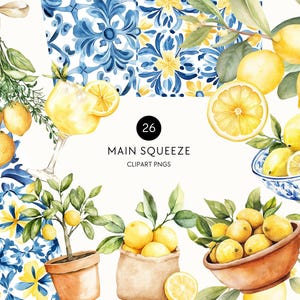 Mediterranean Lemon Clipart, Watercolor Lemon Clipart, Main Squeeze Baby Shower, Citrus Clip Art, Greenery, Commercial Use, Transparent PNG