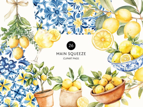 Mediterranean Lemon Clipart, Watercolor Lemon Clipart, Main Squeeze Baby Shower, Citrus Clip Art, Greenery, Commercial Use, Transparent PNG