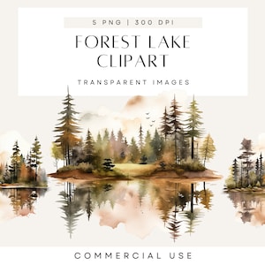 Clipart aquarelle forêt lac scène, forêt d'automne, paysage d'automne, faire-part de mariage, création d'invitation, lot de cliparts, usage Commercial
