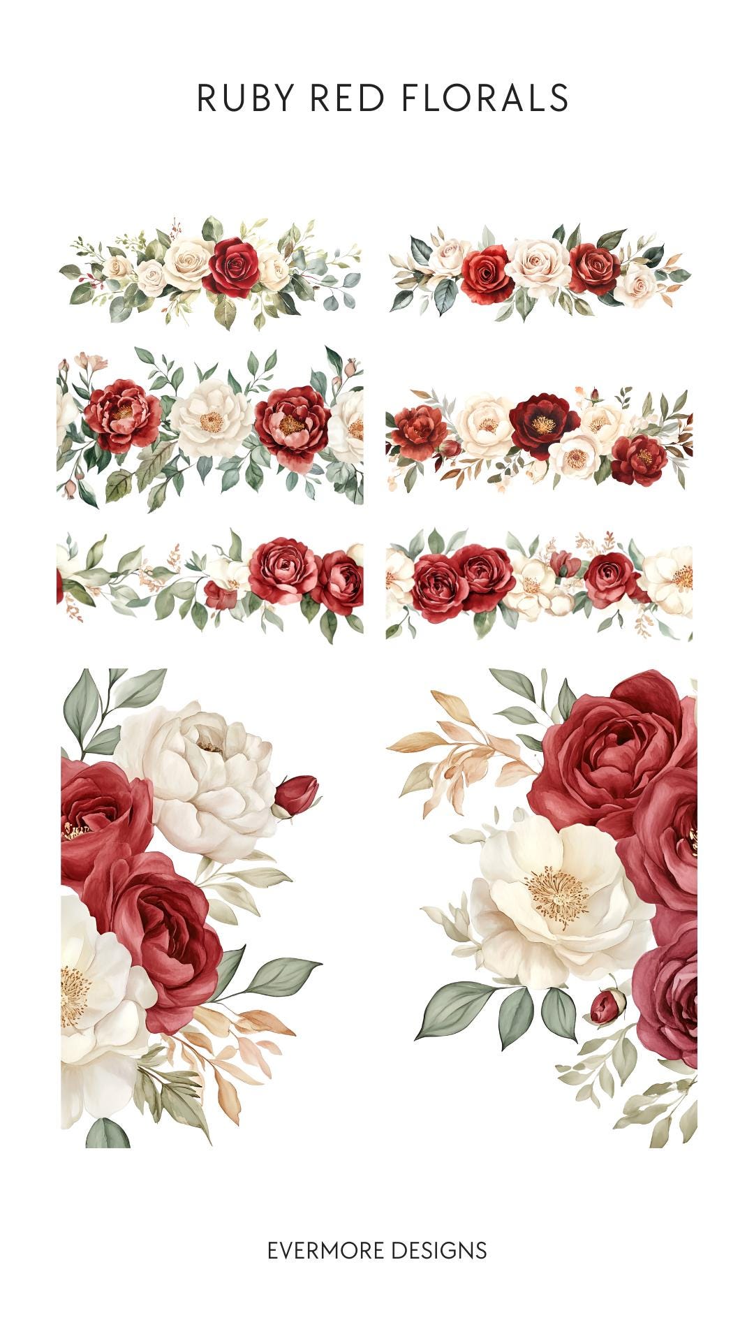 Ruby Flower Clipart – Red & Cream Roses, Peonies, Bouquets, Wreaths and ...