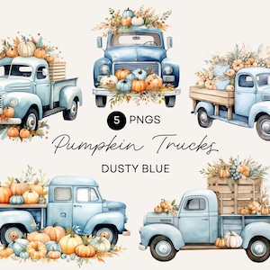 Blue Truck With Pumpkins Clipart, Little Pumpkin Baby Shower Invite, Watercolor Design, Autumn Boho, Commercial Use, Transparent PNG