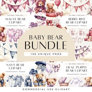 Bundle de cliparts aquarelle ours en peluche, chambre de bébé Boho violet, téléchargement baby shower bleu marine, montgolfière rose, usage commercial, PNG transparent